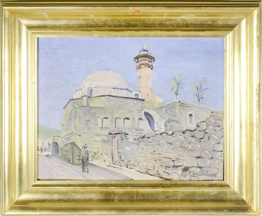 Ludwig Blum (1891-1974)  TIBERIAS. View of the mosque. . Oil on canvas (set in cardboard), 28x35 cm,