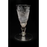 GOBLET WITH HUNTING MOTIF  Bohemia, beginning of 18th century. Conic goblet on squared baluster