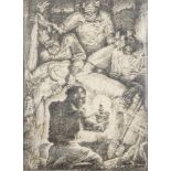 Rudolf Mather (1891-1975)  PLACING TO A GRAVE. Etching on silk paper, 35,2x25,3 cm (inside mount