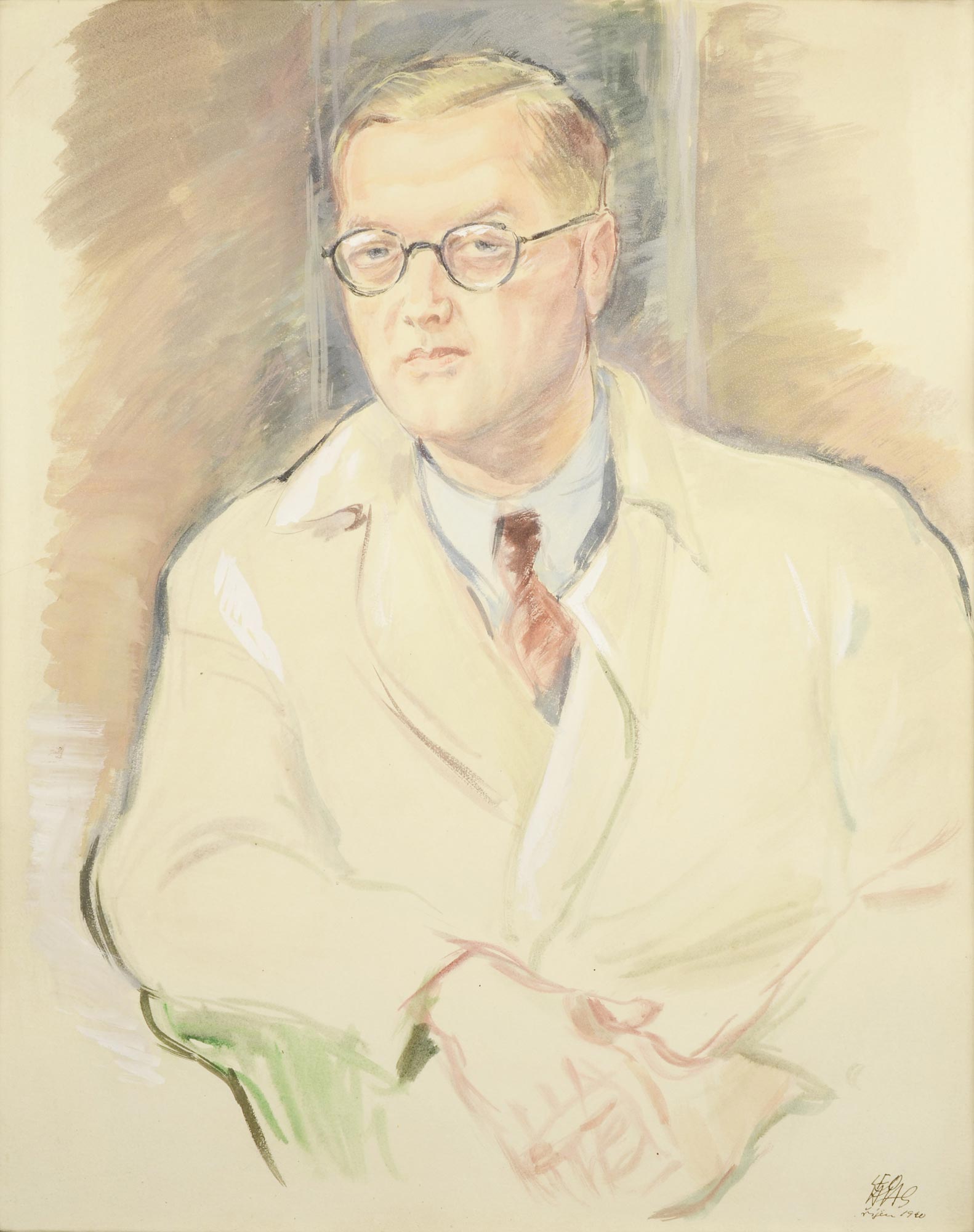 Leo Haas (1901-1983)  PORTRAIT OF A MAN. 1940. Aquarelle on paper, 60x47,7 cm (inside frame
