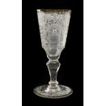 ENGRAVED GOBLET  Silesia, 18th century. Conic facet cut goblet on baluster leg, decorated all-over