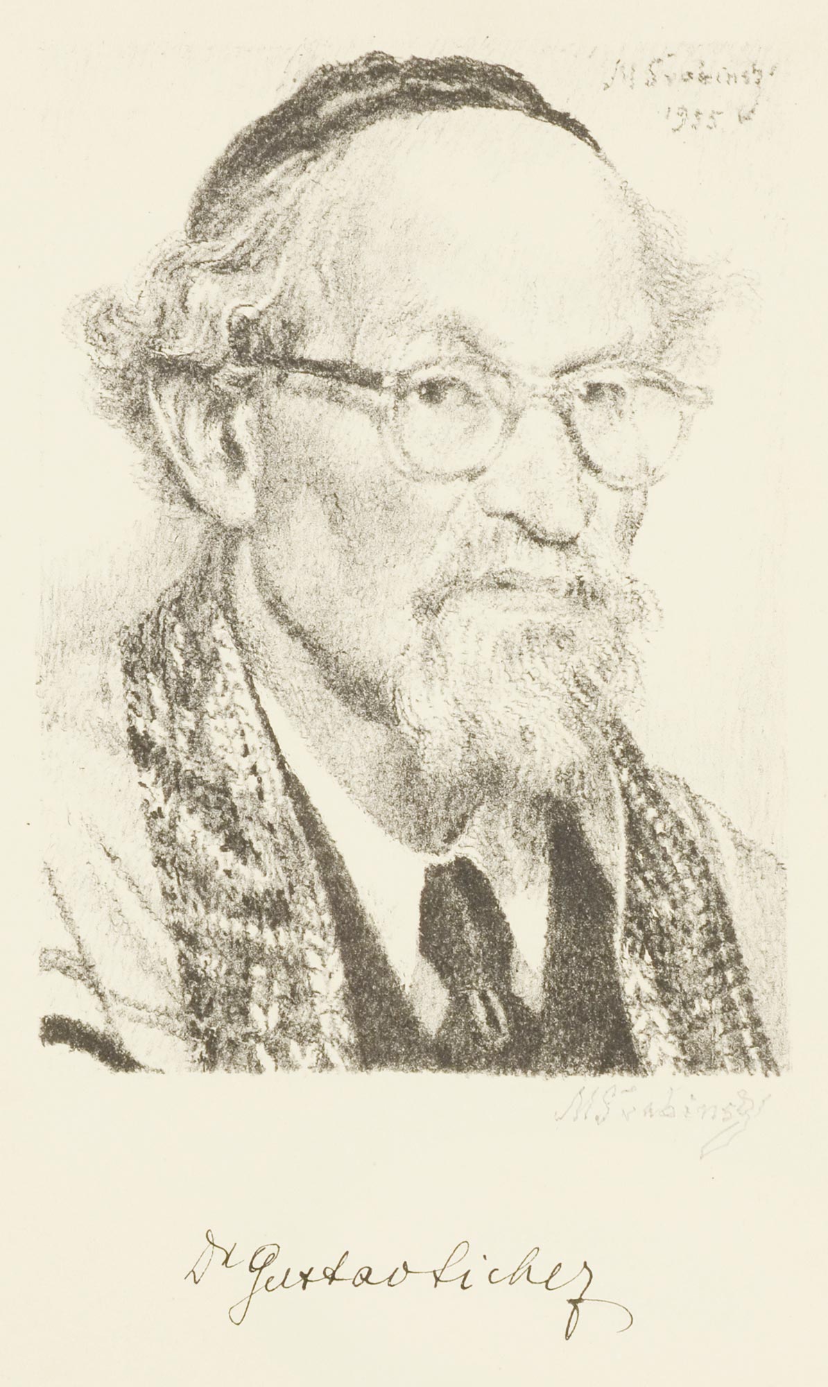 Max Švabinský (1873-1962)  PORTRAIT OF DR. GUSTAV SICHER WITH HIS SIGNATURE. 1955. Head land rabbi