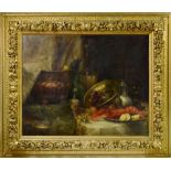 Adolf Kaufmann (1848-1916)  STILL LIFE WITH LOBSTER. 1897. Decorative still life with table piece,