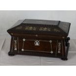 A Regency rosewood, mother of pearl and metal inlaid sarcophagus shaped work box, with gadrooned