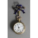 An early 20th Century Swiss ladies 18k gold and blue enamelled keyless lever open face fob watch,