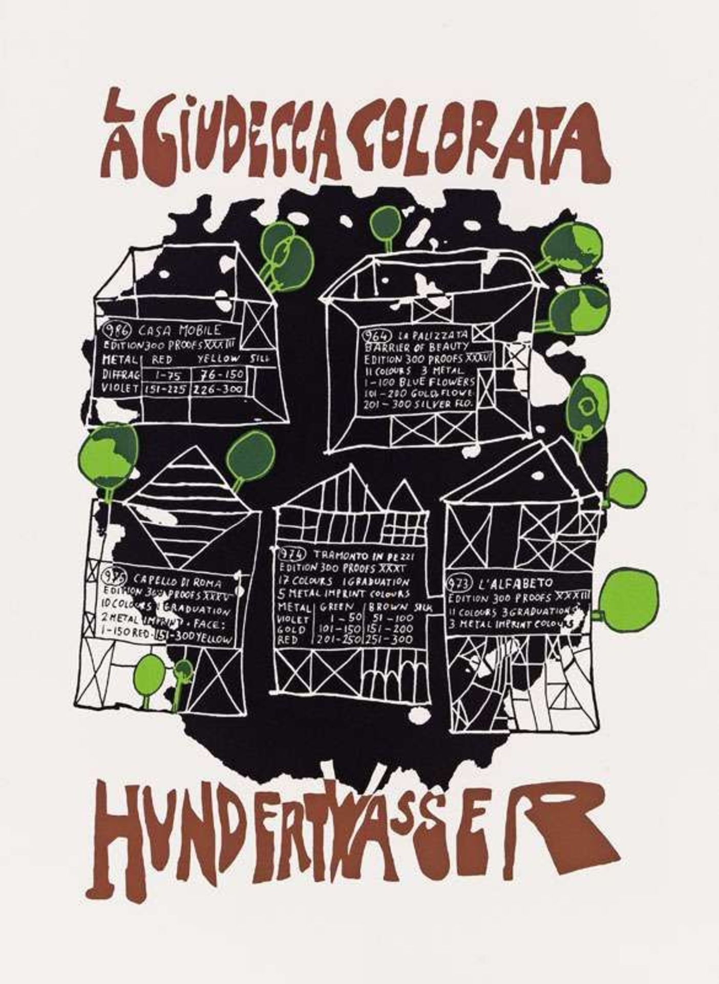 Friedensreich Hundertwasser * La Giudecca Colorata; portfolio 5 serigraphies in wooden box, Gedruckt