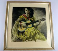 Flamenco-Tänzerin mit Gitarre. Aquarell sign. J. D. van Lanlaert, 48 x 48 cm, gerahmtunter Glas.