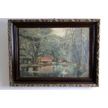 Nachdruck eines Gemäldes, Teich mit Häusern im Hintergrund, 65 x 83 cm.