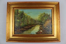 Gemälde  Flusslandschaft, Öl auf Leinwand, im  vergoldeten reliefierten Rahmen,stellenweise Risse im