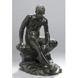 Bronze-Plastik, "Hermes auf Fels sitzend", anonymer Bildhauer um 1900, vollplastische,