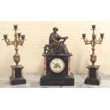 Uhrengarnitur, 3-tlg, Frankreich, um 1880 - 1900, Marmor, bestehend aus: ein Paar Leuchterund Uhr,