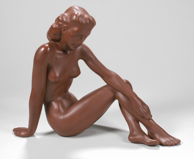 Terracotta-Figur, "Sitzender, weiblicher Akt", Gmundner Keramik, 50er Jahre, Entw.: AlfonsSteiner,