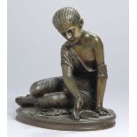 Bronze-Plastik, "Knöchelspielerin", franz. Bildhauer 19. Jh., auf Ovalsockelvollplastische