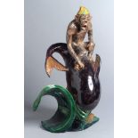 Keramik-Plastik, "Affe auf Delphin", Prunet, R., wohl franz. Keramiker um 1900-20, aufWogensockel
