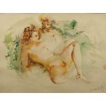 Unleserlich signierender Maler, Mitte 20. Jh. "Nacktes Paar in Landschaft", Aquarell, 22 x29 cm