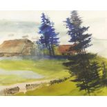 Unleserlich signierender Maler, 2. Hälfte 20. Jh. "Landschaft mit Tannen und Bauernhöfen",