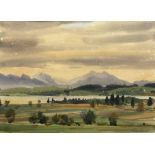 Unleserlich signierender Maler, Mitte 20. Jh. "Landschaft mit Blick auf die Berge",Aquarell, 29 x 41