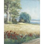 Vogel, B., Maler Mitte 20. Jh. "Landschaft mit Weizenfeld am See", sign., Öl/Malpappe, 57x 47 cm