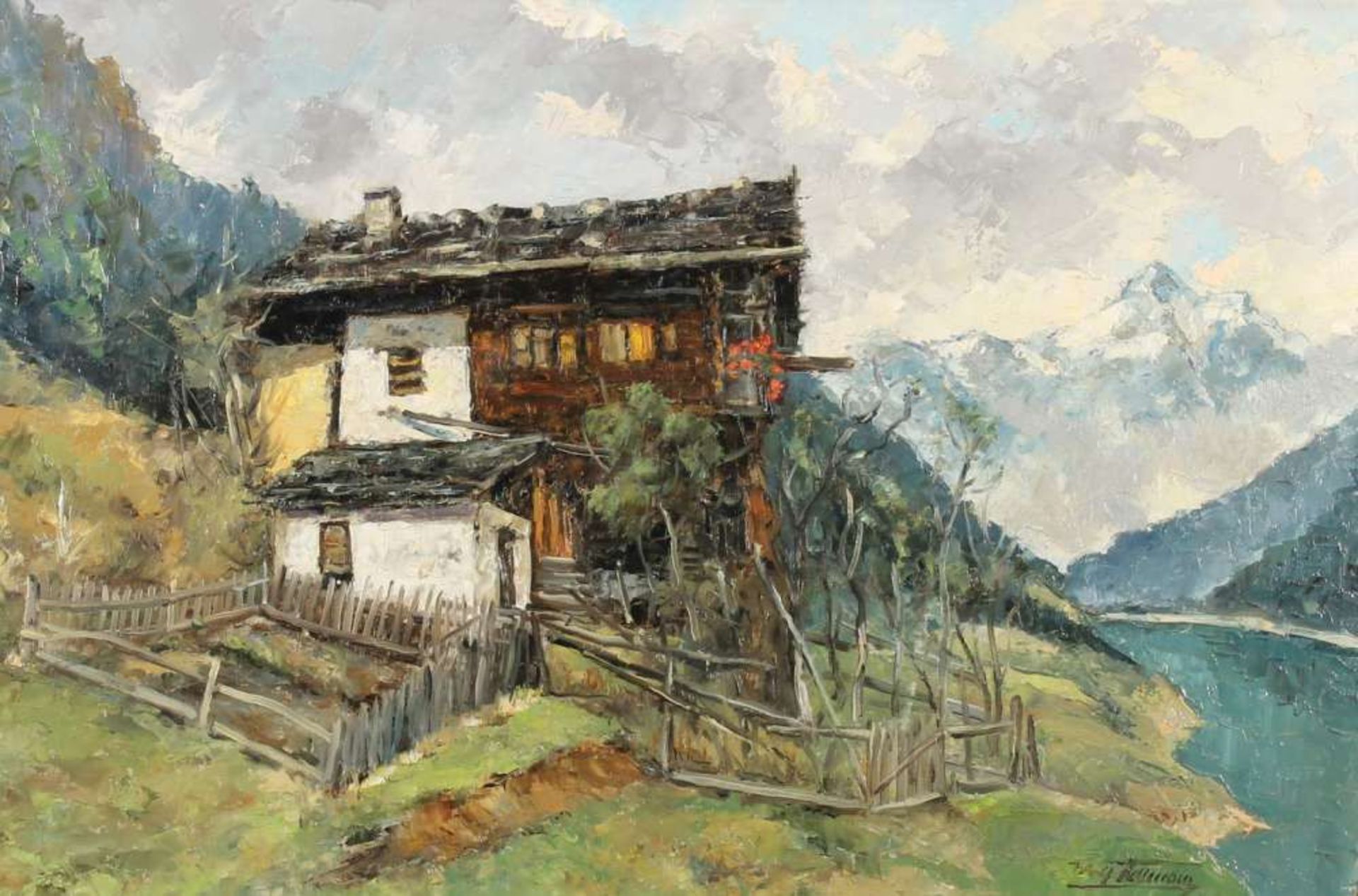 Reserve: 70 EUR        Hellmaier, Wolf (20. Jh.), "Haus im Hochgebirge", Öl auf Hartfaser, - Image 2 of 4