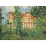 Reserve: 50 EUR        Beuningen, B. van (20. Jh.), "Villa im Garten", Öl auf Leinwand, auf