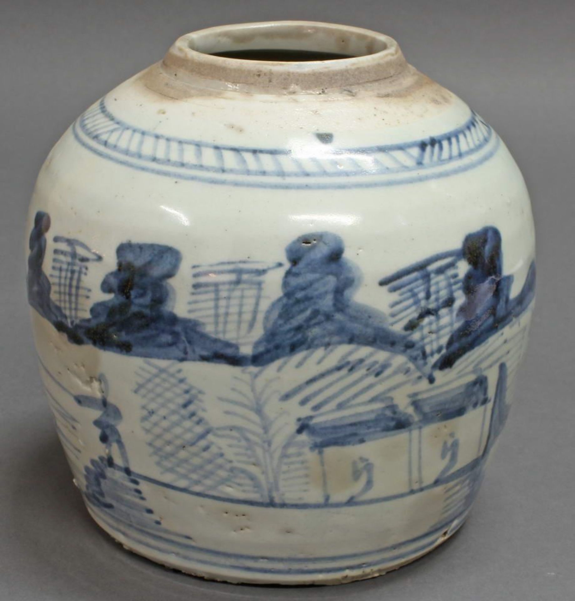 Reserve: 30 EUR        Ingwertopf, China, 19. Jh., Porzellan, Blaudekor mit Landschaft, 16 cm hoch