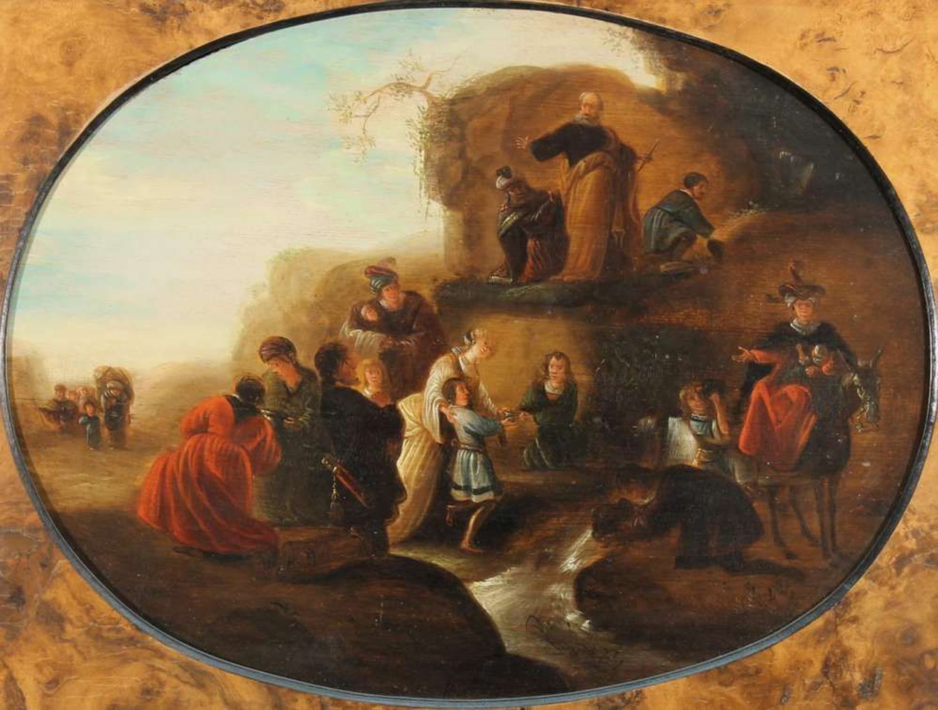 Reserve: 960 EUR        Niederlande (um 1700), "Moses schlägt Wasser aus dem Felsen", Öl auf Holz,