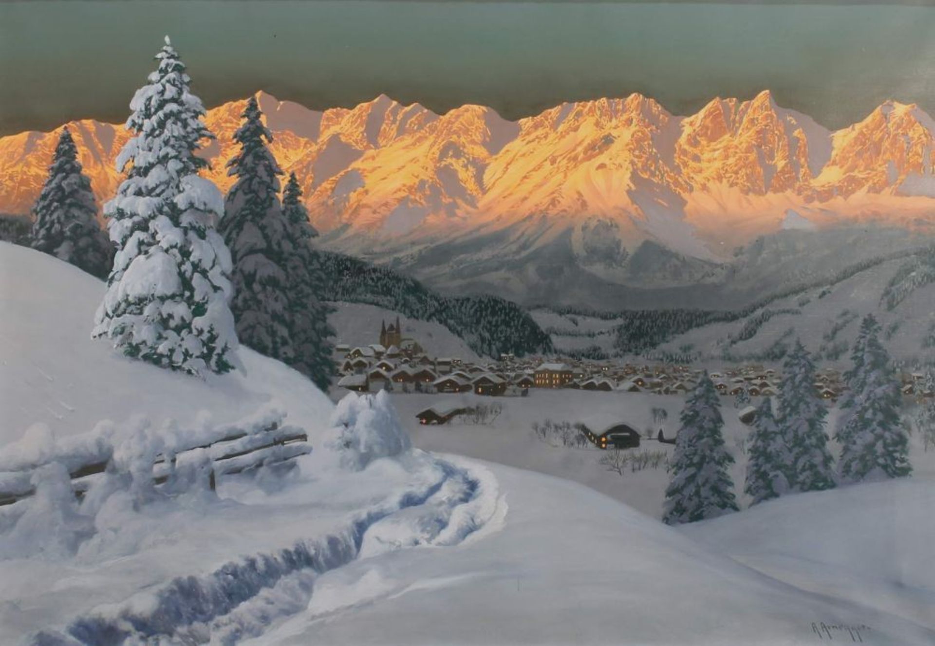 Reserve: 1800 EUR        Arnegger, Alois (Wien 1879 - 1963), "Blick auf das verschneite Kitzbühel am - Image 2 of 8