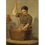 Reserve: 180 EUR        Baes, Lionel (1839 - 1913, Genremaler), "Beim Butterstampfen", Öl auf