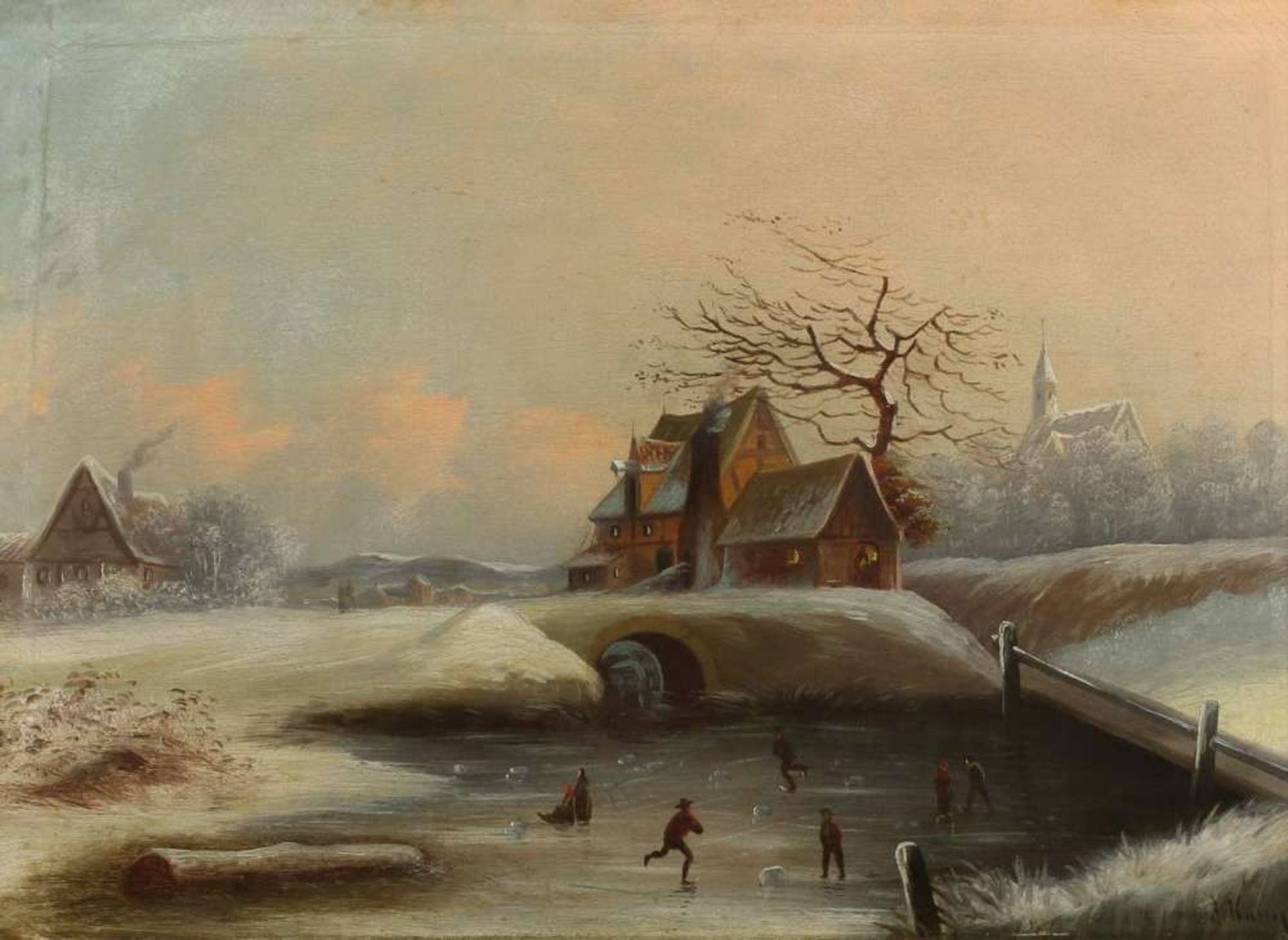 Reserve: 80 EUR        Kamp, J. (19. Jh.), "Winterlandschaft", Öl auf Leinwand, signiert unten