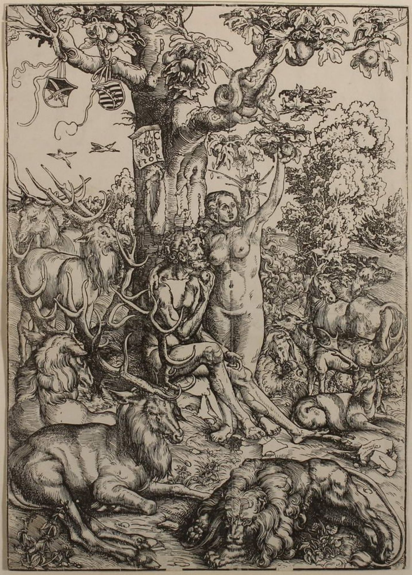 Reserve: 1500 EUR        Cranach, Lucas d. Ä. (1472 - 1553), Holzschnitt, "Adam und Eva im - Image 2 of 14