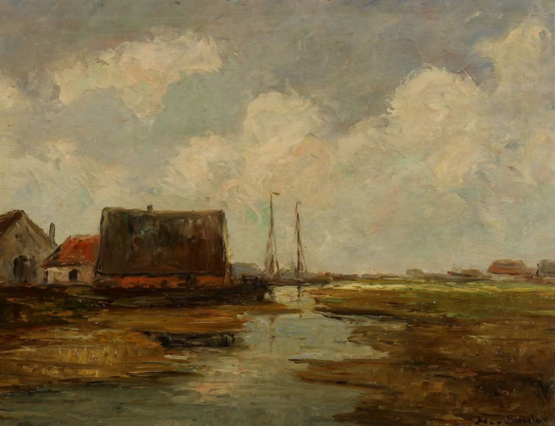 Reserve: 60 EUR        Harländer, Hans (Hamburg 1880 - 1943), "Niederrheinlandschaft", Öl auf