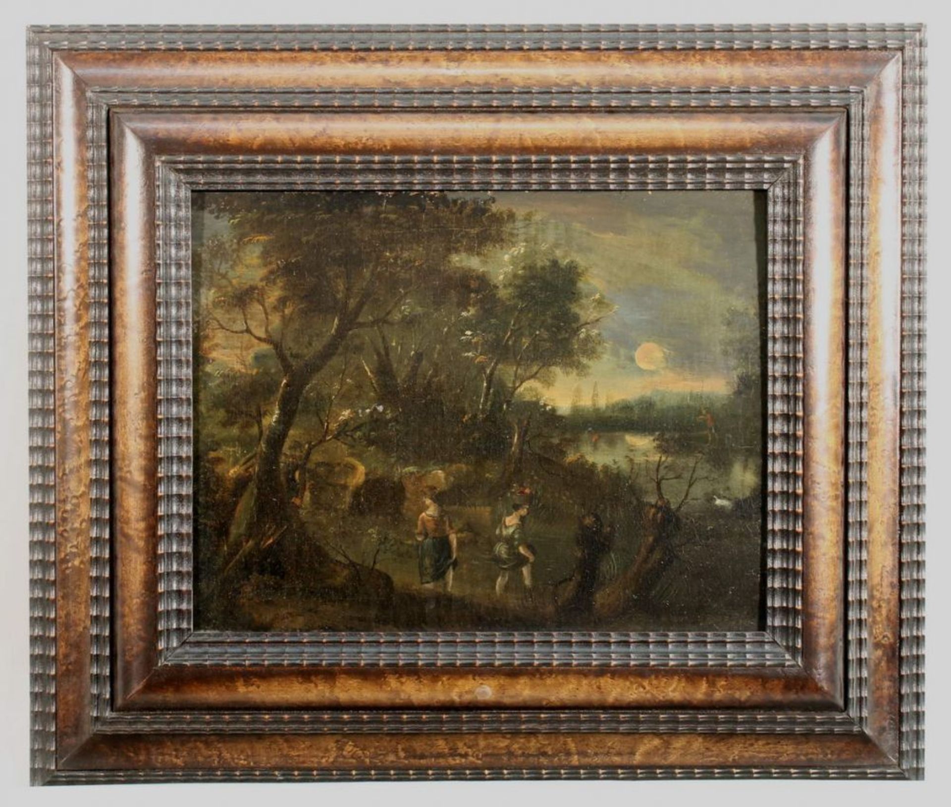 Reserve: 380 EUR        Deutscher Maler (18. Jh.), wohl, "Abendliche Flusslandschaft", Öl auf - Image 3 of 6