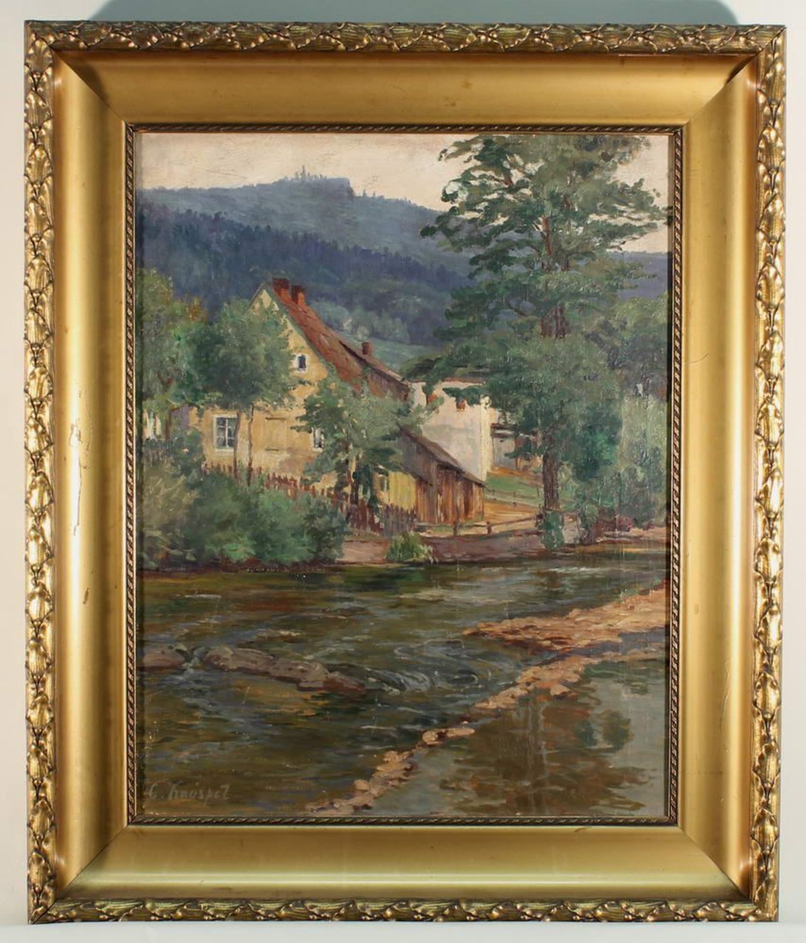 Reserve: 140 EUR        Knöspel, Clara (um 1930, in Berlin tätige Malerin), "Haus am Fluss", Öl - Image 4 of 8