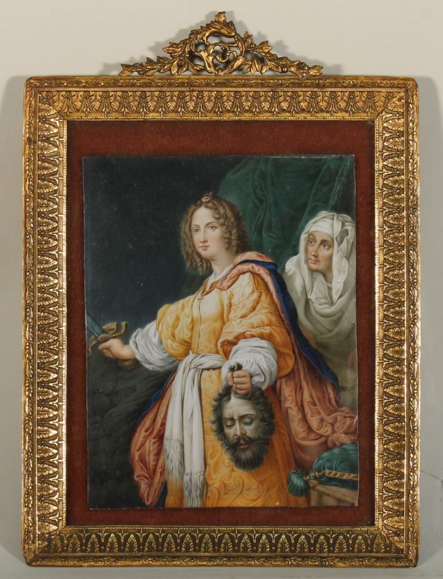 Reserve: 180 EUR        Miniaturmalerei, wohl Elfenbein, "Judith mit dem Haupt des Holofernes", - Image 4 of 10