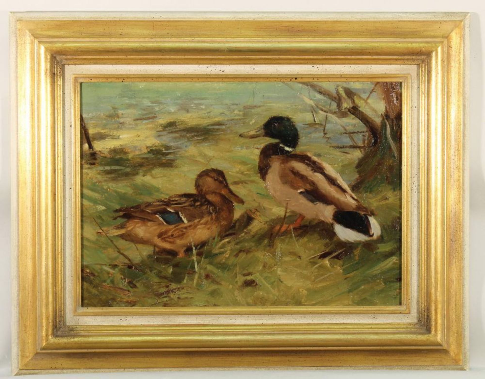 Reserve: 70 EUR        Tiermaler (20. Jh.), "Zwei Enten", Öl auf Leinwand, auf Karton, 26.5 x 37 cm - Image 4 of 4