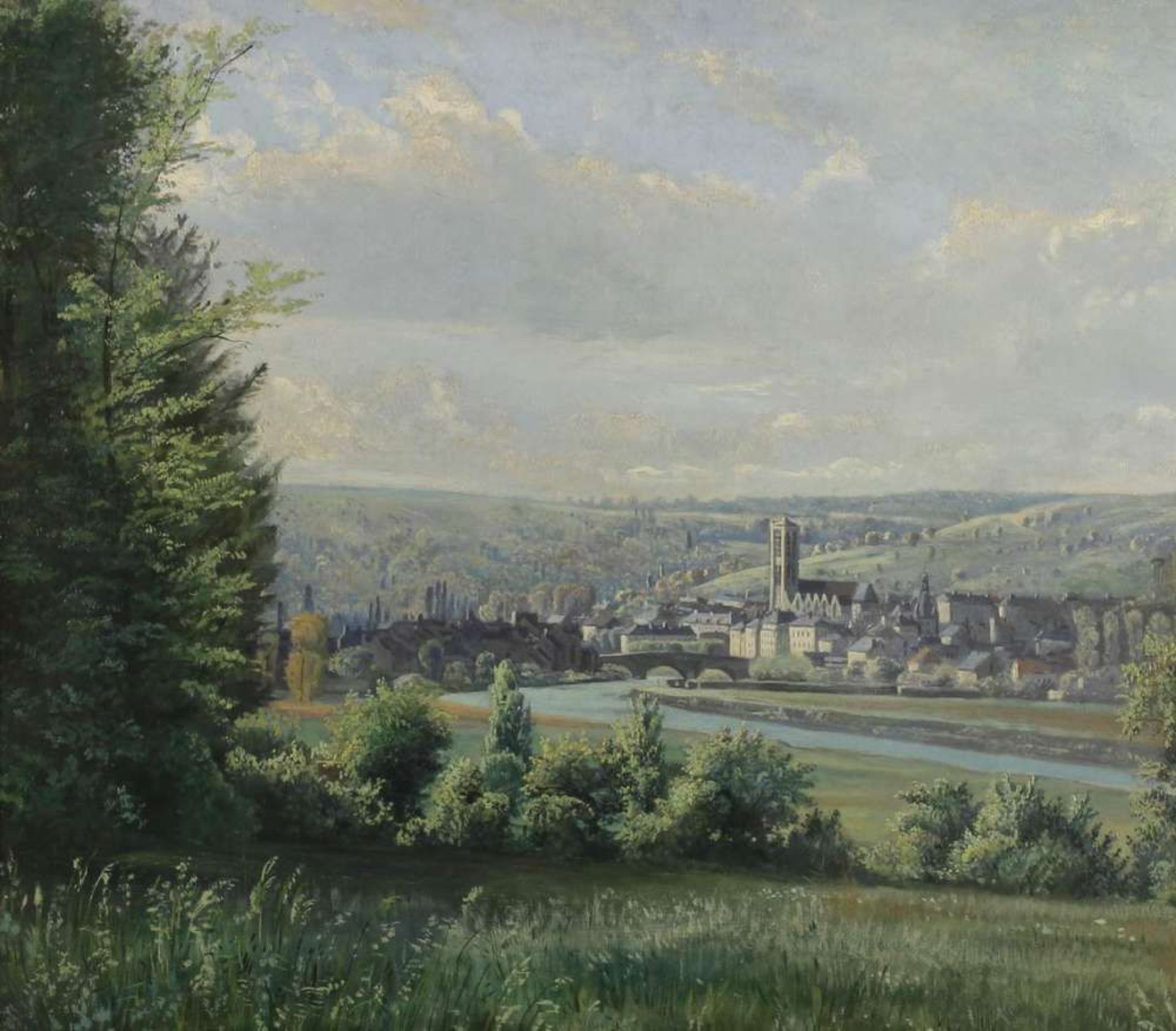 Reserve: 280 EUR        Belgischer Maler (um 1850), "Stadt am Fluss", Öl auf Leinwand, doubliert, 40 - Image 2 of 6