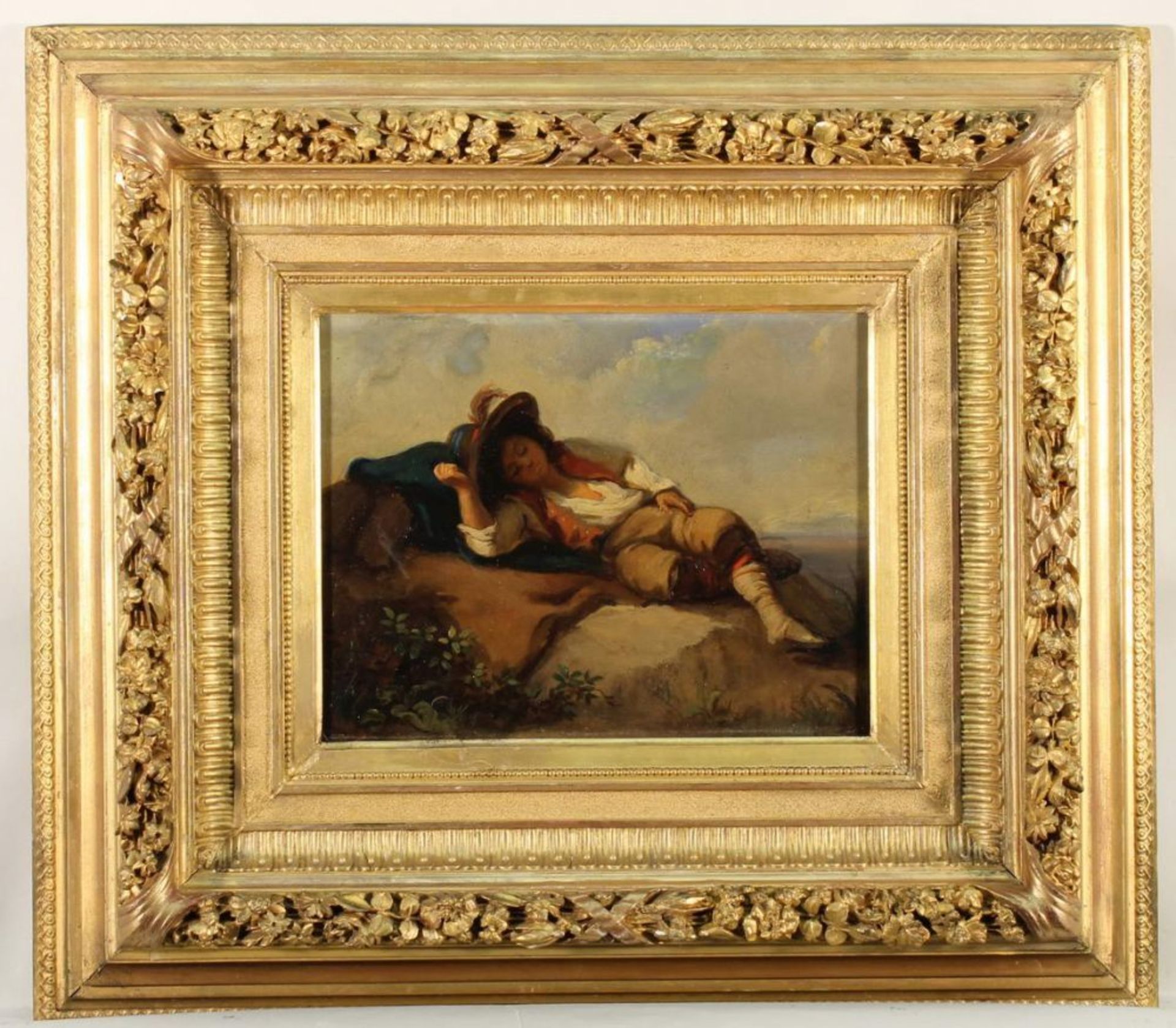 Reserve: 480 EUR        Italienischer Maler (um 1850), "Schlafender Hirtenknabe in der Campagna", Öl