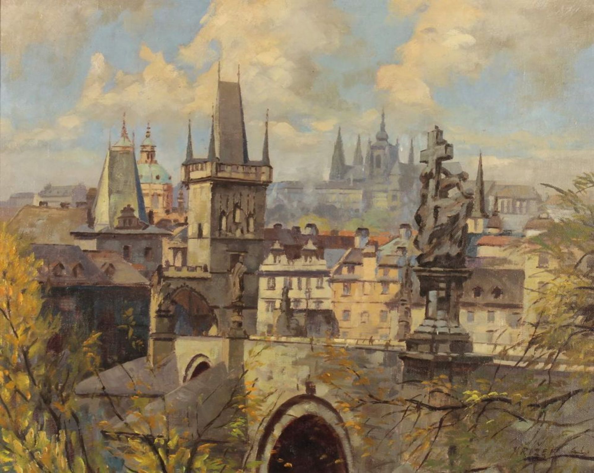 Reserve: 80 EUR        Krizek (19./20. Jh.), "Blick über die Karlsbrücke auf Prag", Öl auf Leinwand, - Image 2 of 6