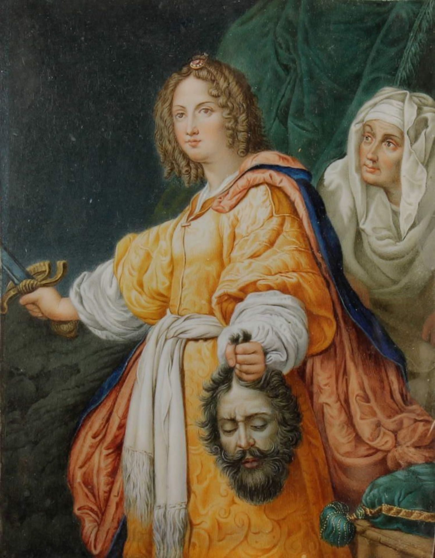 Reserve: 180 EUR        Miniaturmalerei, wohl Elfenbein, "Judith mit dem Haupt des Holofernes", - Image 2 of 10