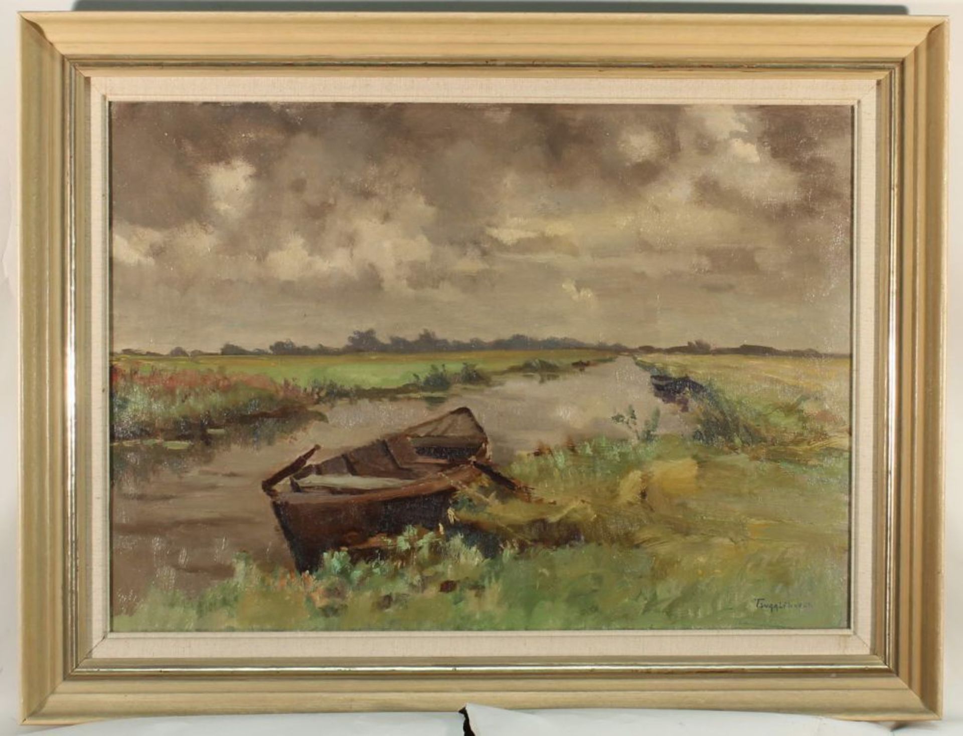 Reserve: 120 EUR        Undeutlich signiert (1. Hälfte 20. Jh.), "Kahn in Polderlandschaft", Öl - Image 4 of 6