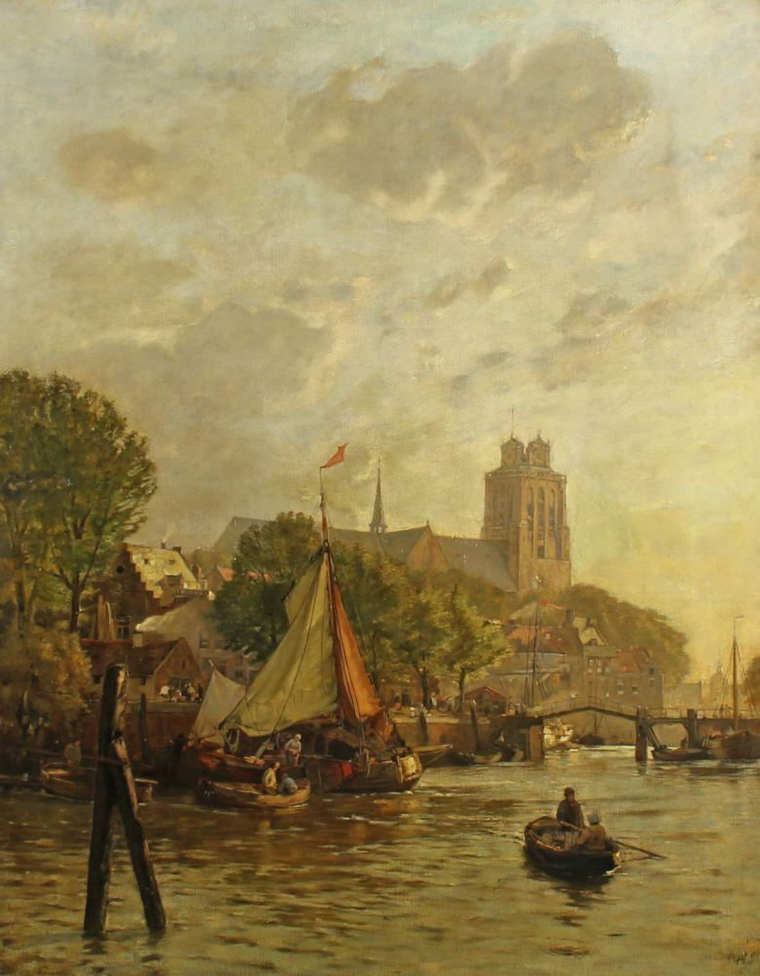 Reserve: 450 EUR        Undeutlich signiert (19. Jh.), "Blick auf die Grote Kerk von Dordrecht",