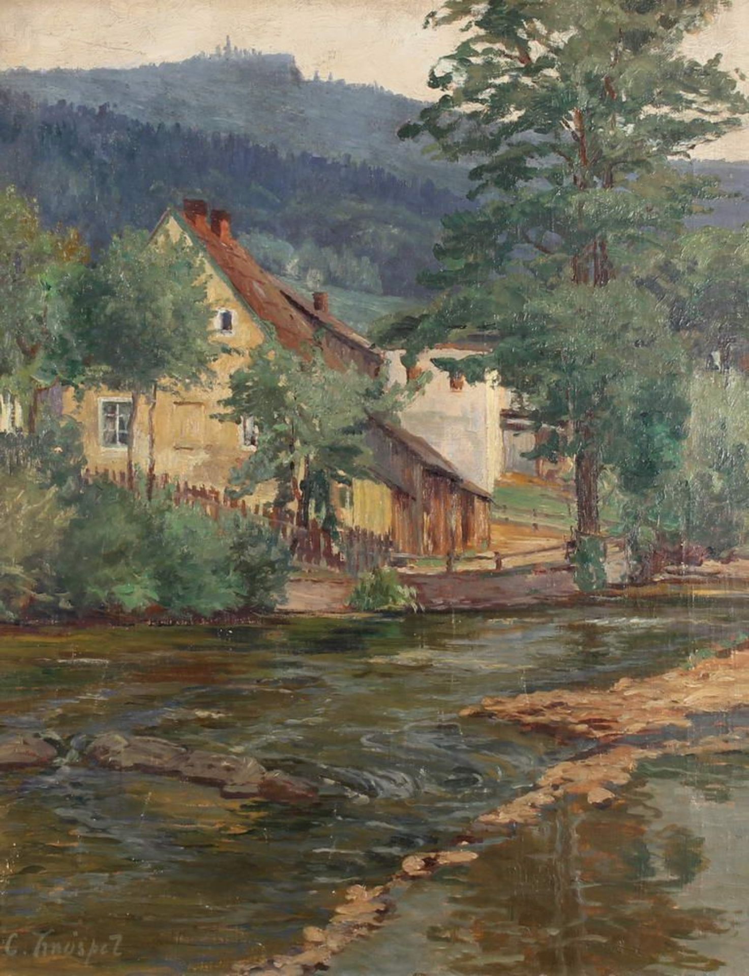 Reserve: 140 EUR        Knöspel, Clara (um 1930, in Berlin tätige Malerin), "Haus am Fluss", Öl