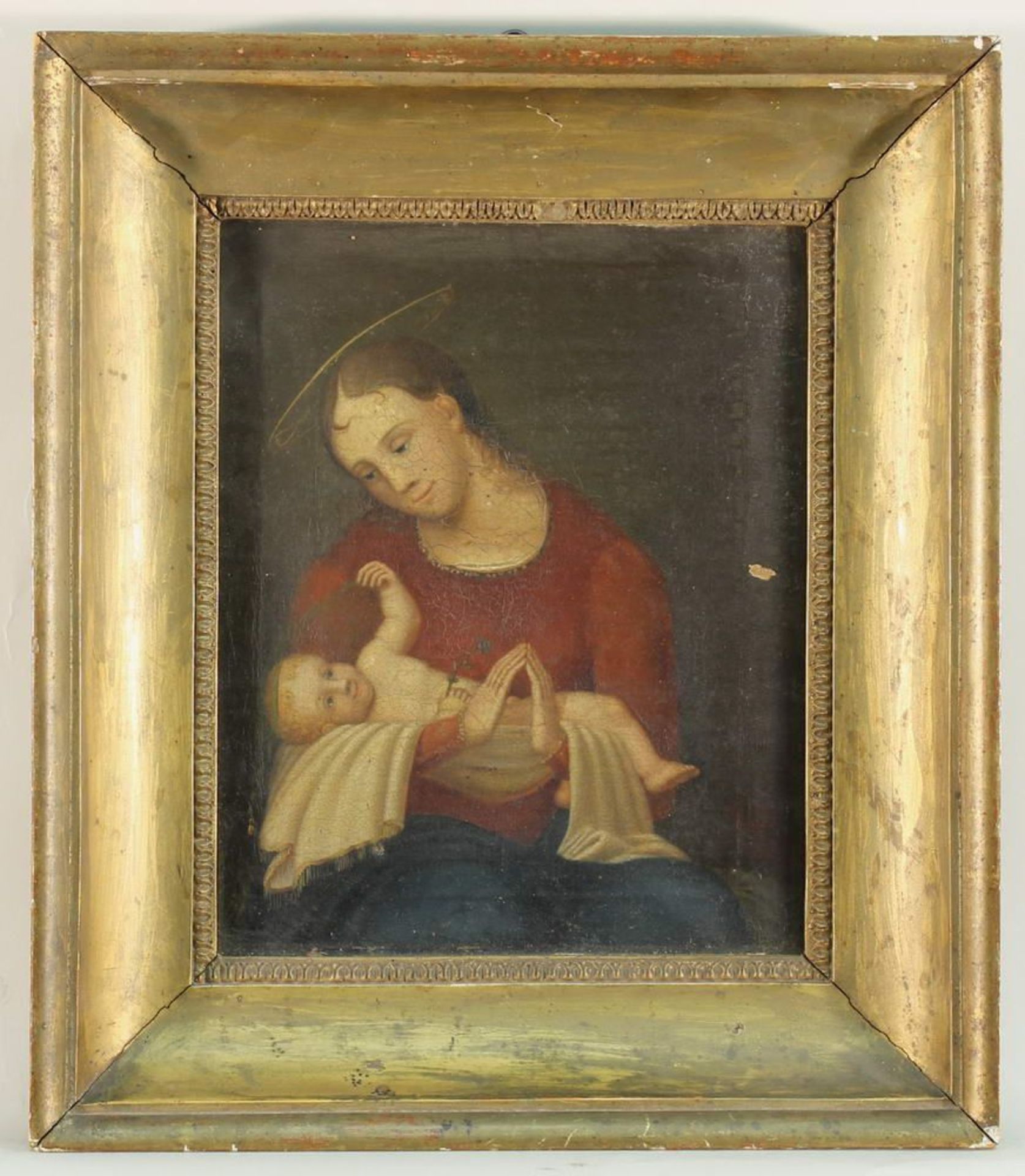 Reserve: 40 EUR        Heiligenmaler (19. Jh.), "Maria mit Kind", Öl auf Leinwand, unten rechts - Image 3 of 6