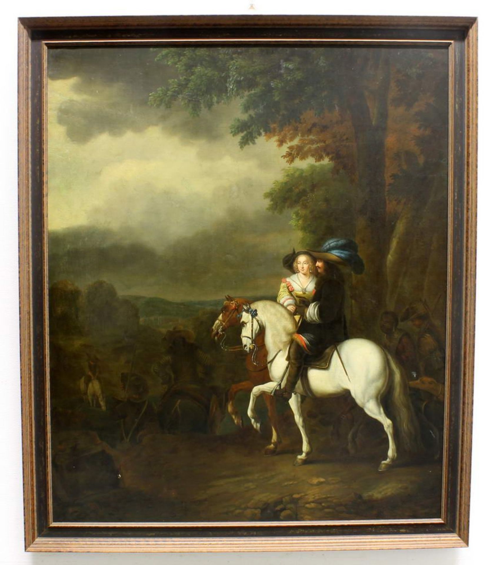 Reserve: 2200 EUR        Niederländischer Maler (17. Jh.), "Reiterpaar vor weiter Landschaft", Öl - Image 4 of 8