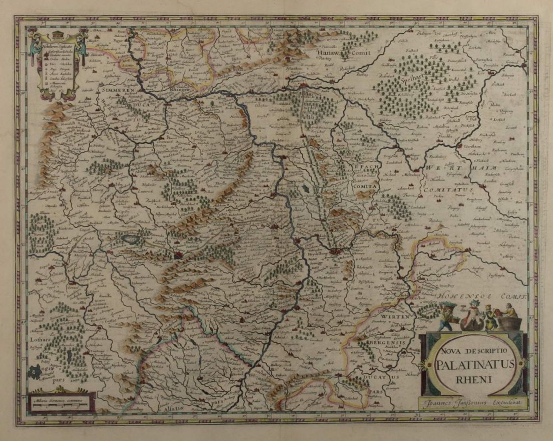 Reserve: 80 EUR        Kupferstich, "Nova Descriptio Palatinatus Rheni", Landkarte von Rheinland-