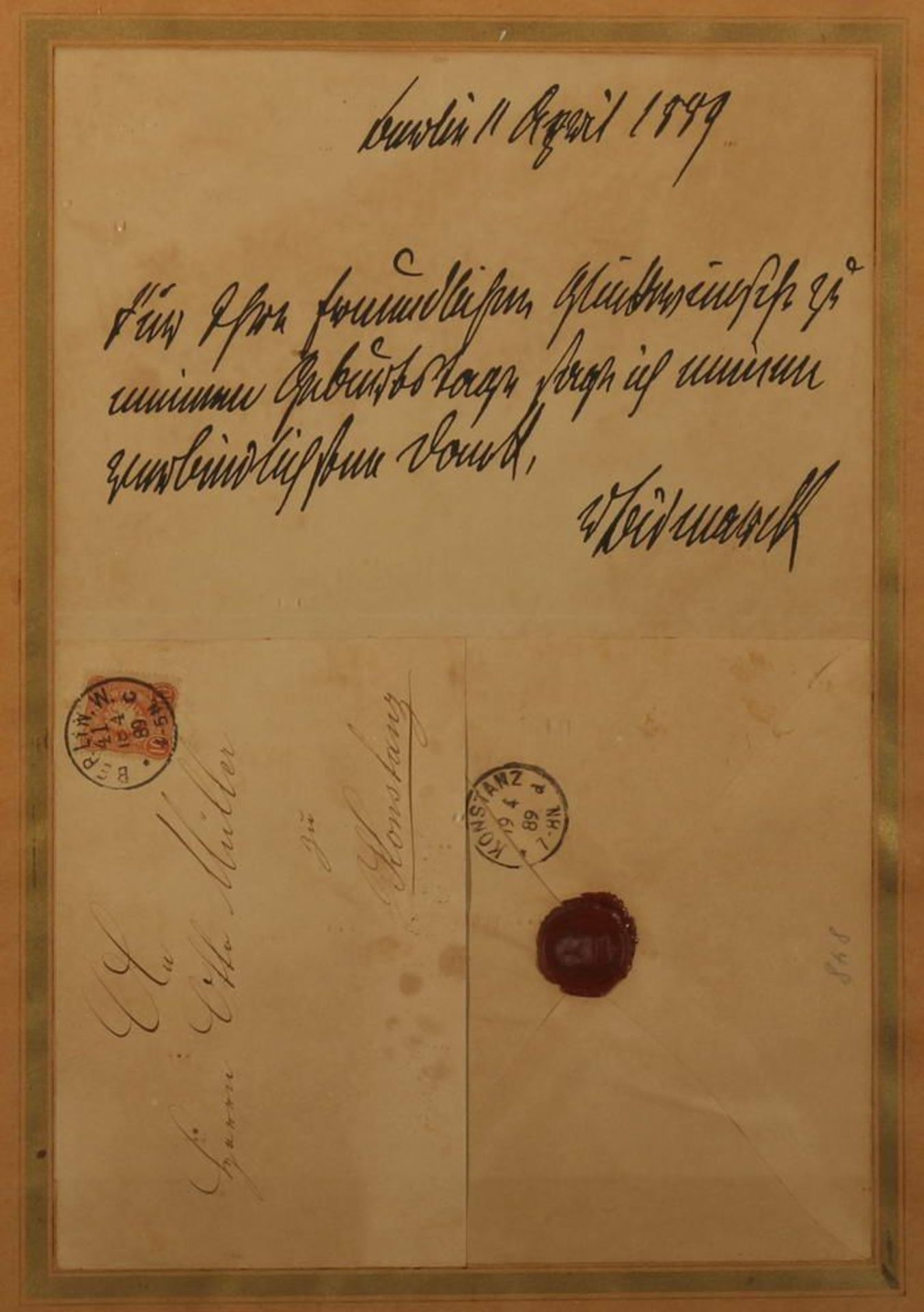 Reserve: 30 EUR        Autograph, Otto von Bismarck (1815-1898), Dankesschreiben, "Berlin 11 April - Image 2 of 4