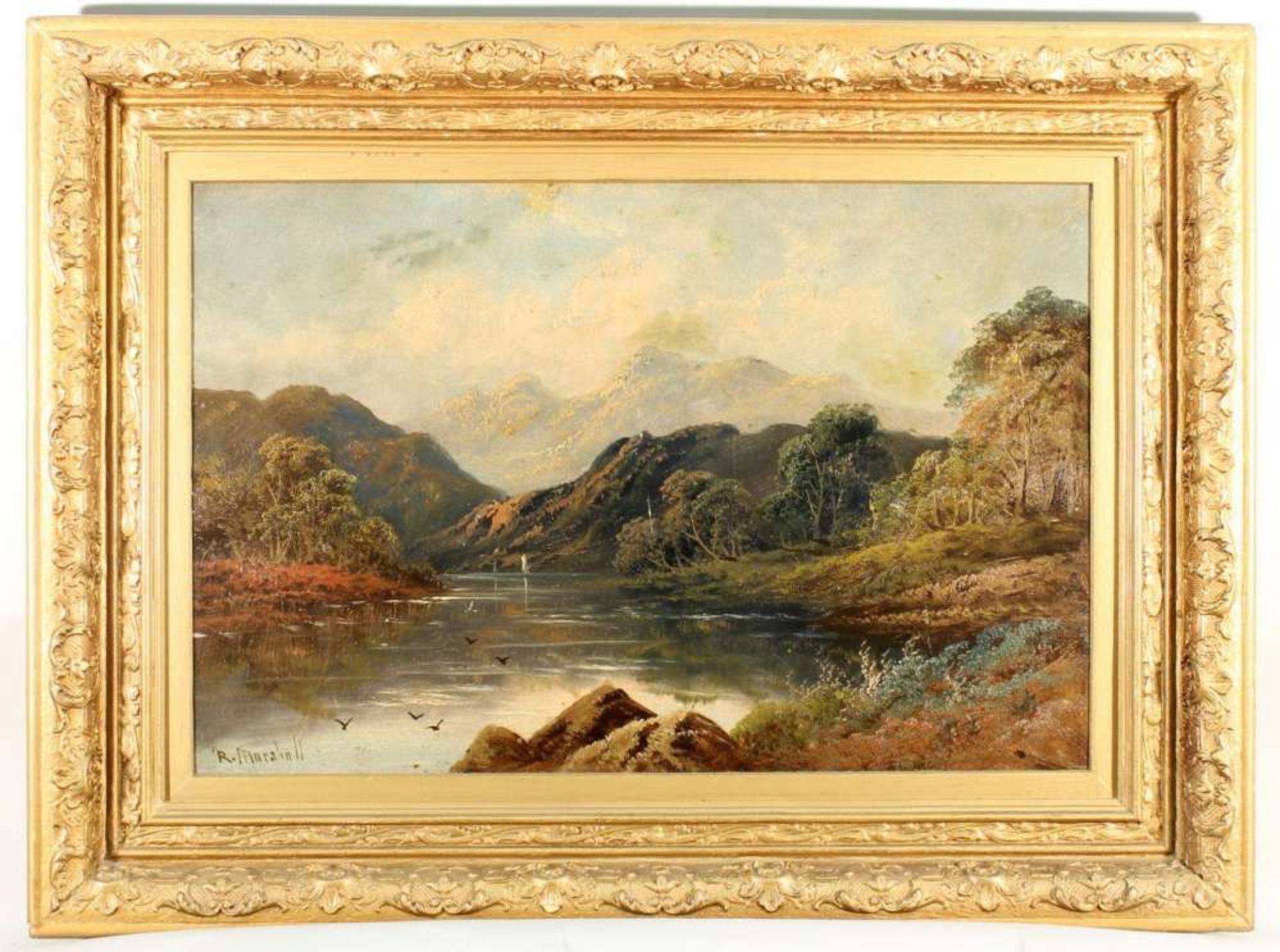 Reserve: 100 EUR        Marshall, R. (19. Jh.), "Englische Seenlandschaft", Öl auf Leinwand, - Image 4 of 6