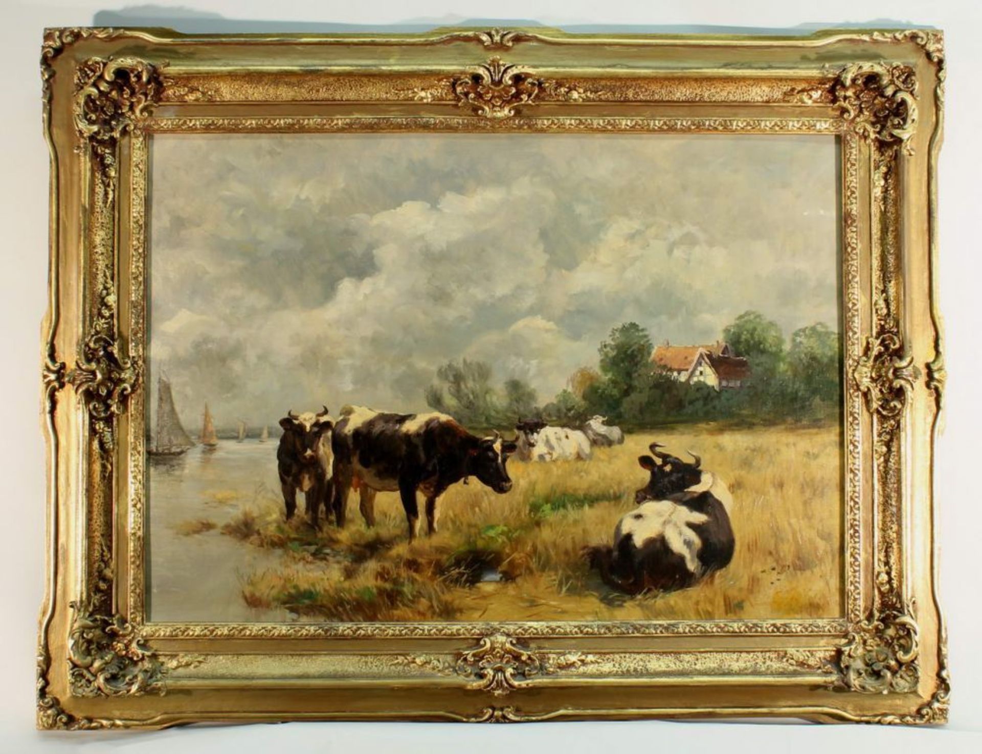 Reserve: 280 EUR        Düsseldorfer Landschaftsmaler (19./20.), "Kühe in Niederrheinlandschaft", Öl - Image 4 of 8