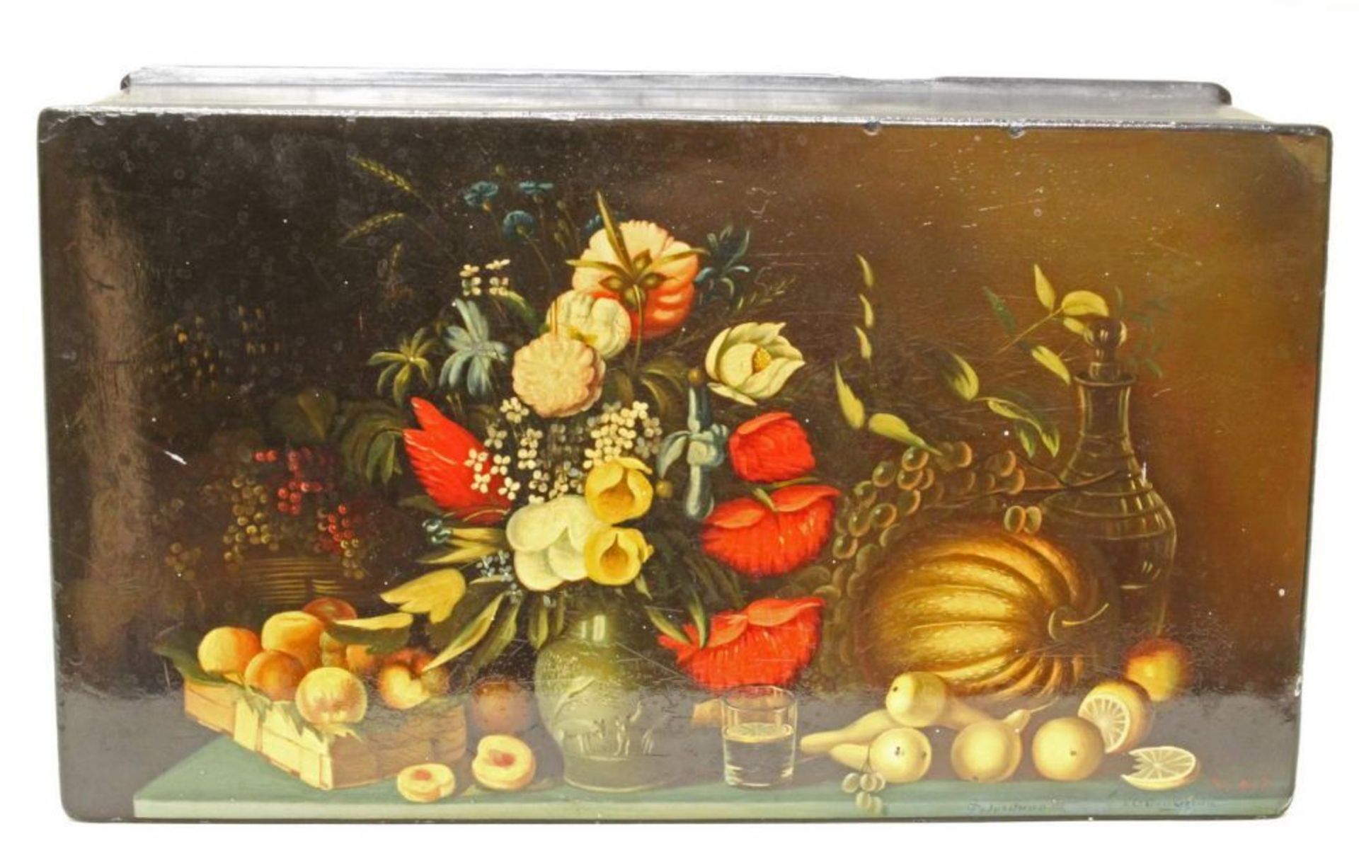Reserve: 120 EUR        Lackdose, Russland, Fedoskino, ab 1920, Deckel mit farbigem Blumen- und