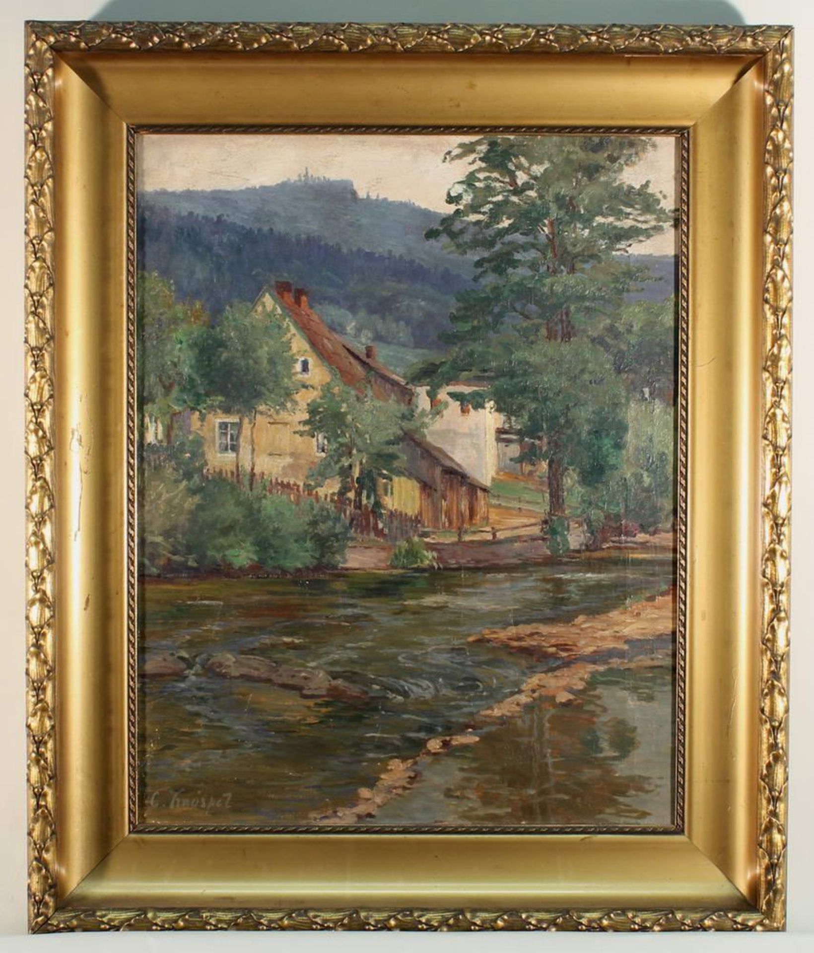 Reserve: 140 EUR        Knöspel, Clara (um 1930, in Berlin tätige Malerin), "Haus am Fluss", Öl - Image 3 of 8